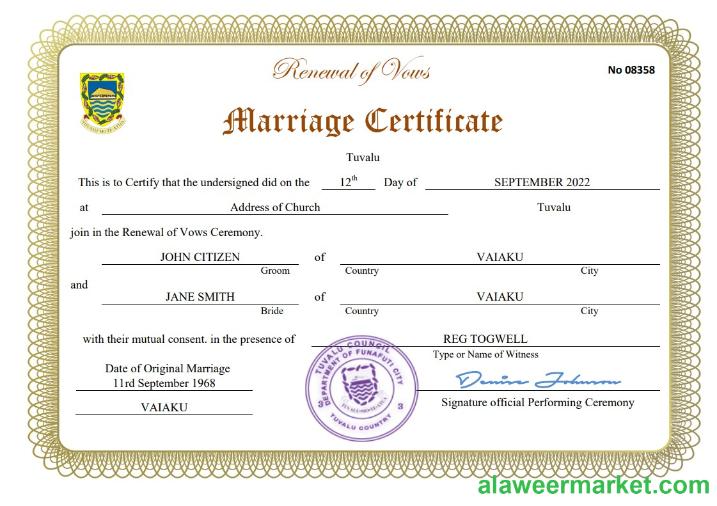 Tuvalu marriage certificate Word and PDF template